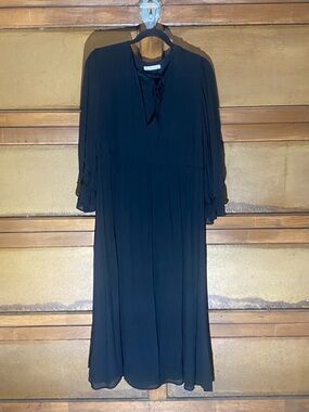 Reformation Black Long-Sleeve Tie-Neck Midi Dress